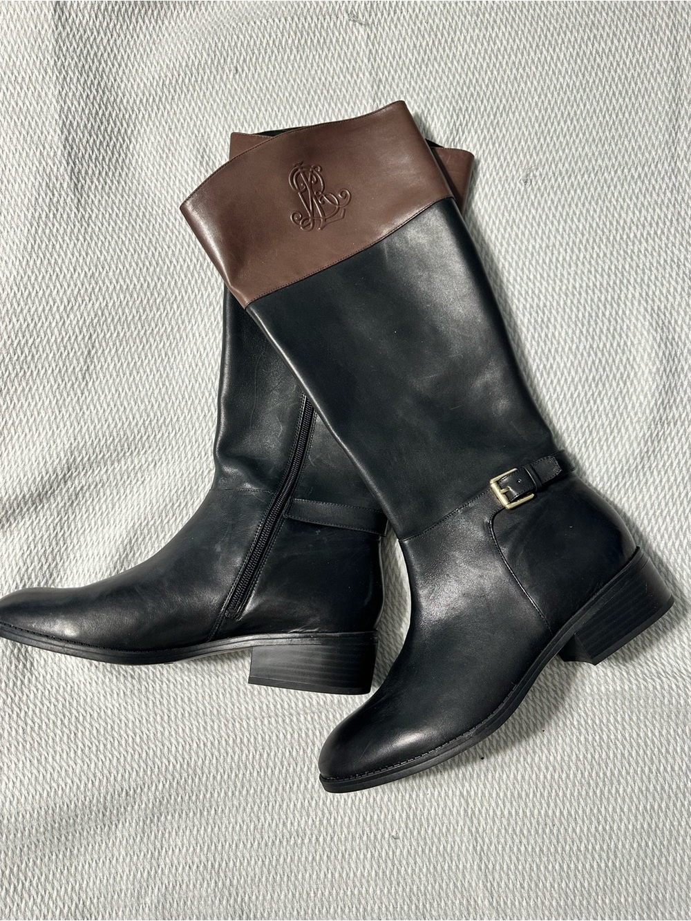 Lauren Ralph Lauren Black Leather Riding Boots with Brown Cuff